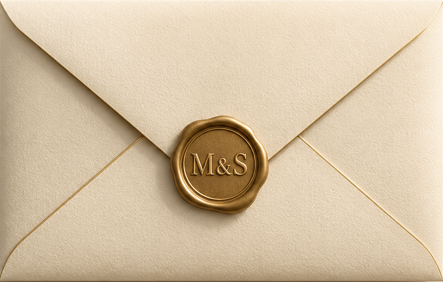 Ivory envelope sealed with a gold wax seal engraved M and S