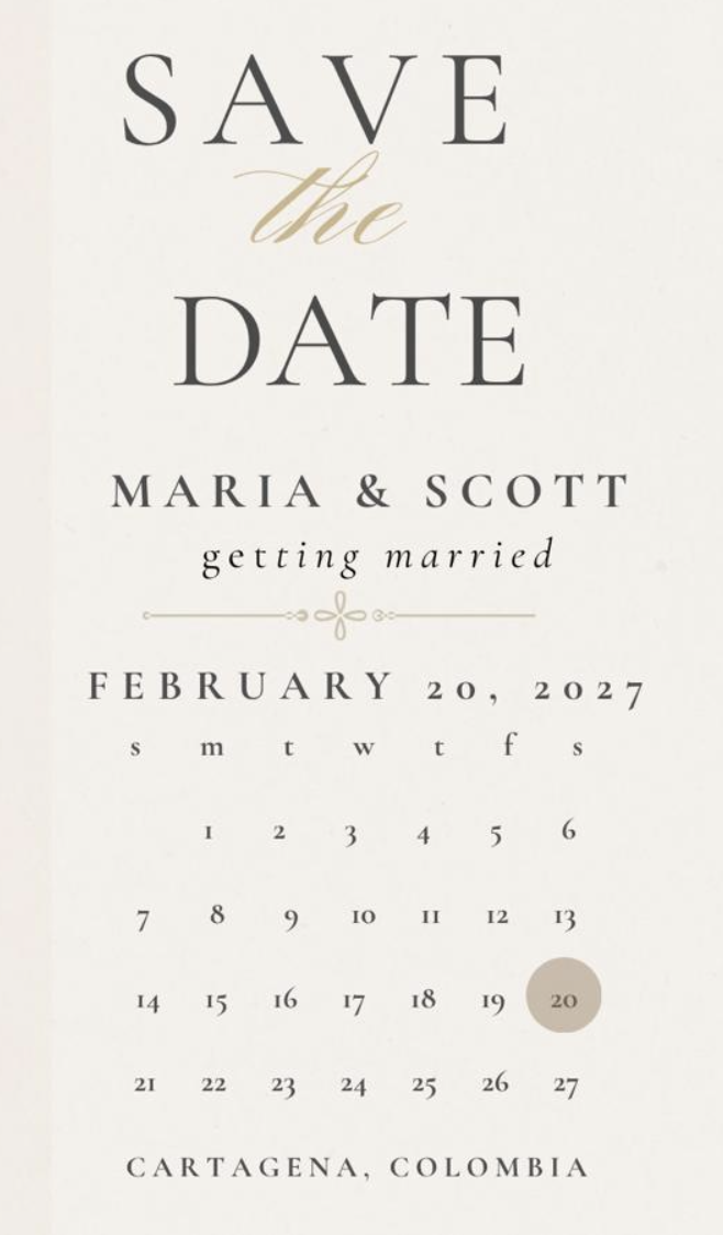 Save the Date — María and Scott getting married, February 20 2027, Cartagena, Colombia