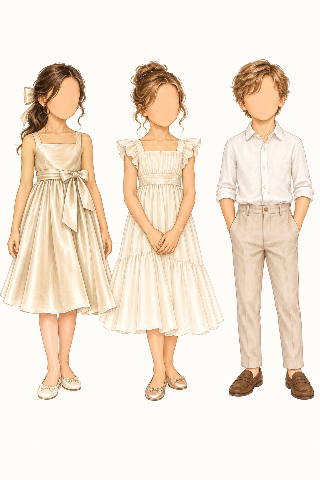 Two illustrated girls and one illustrated boy in champagne, ivory and sand wedding guest attire