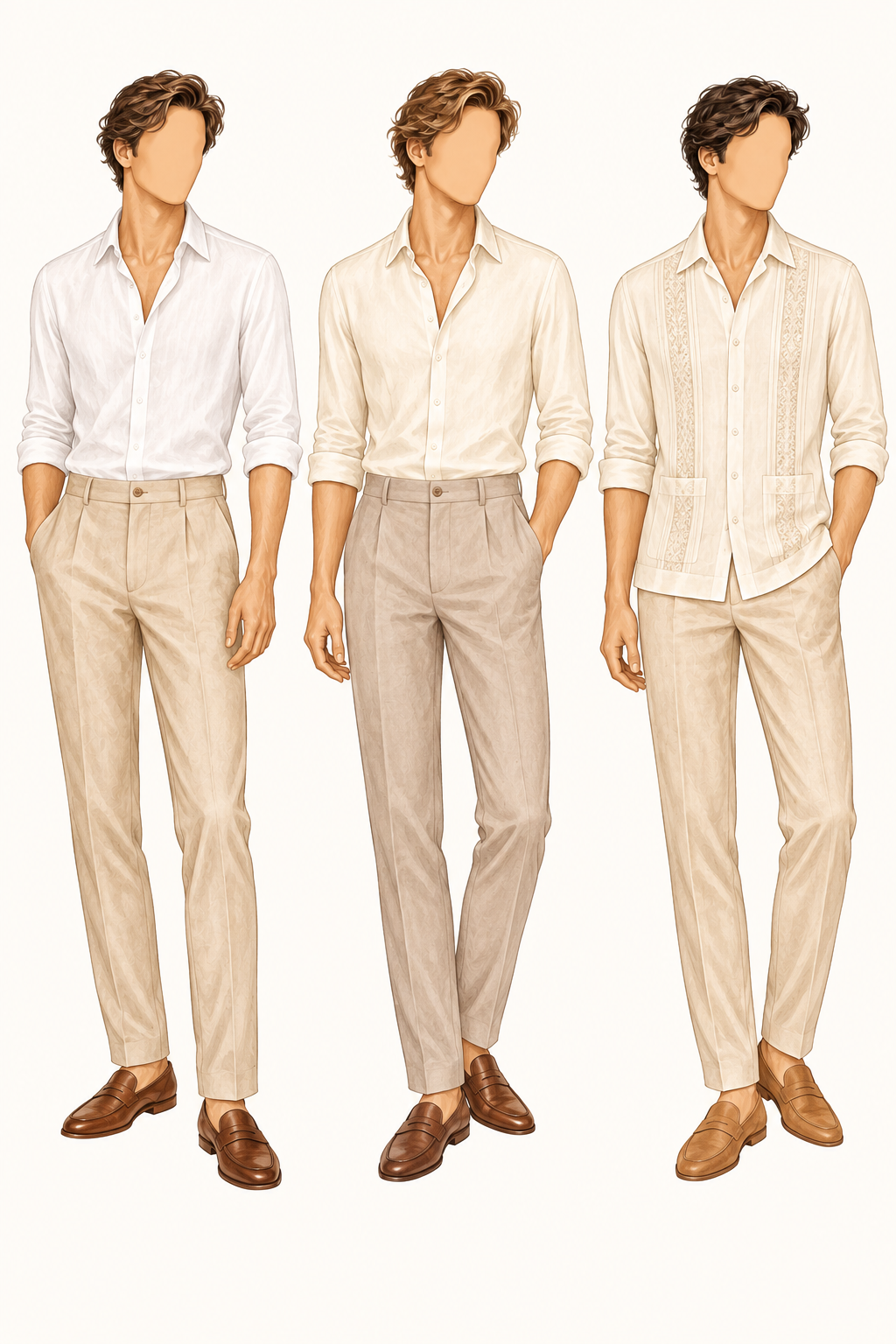 Three illustrated men’s wedding guest combinations with light shirts and neutral trousers