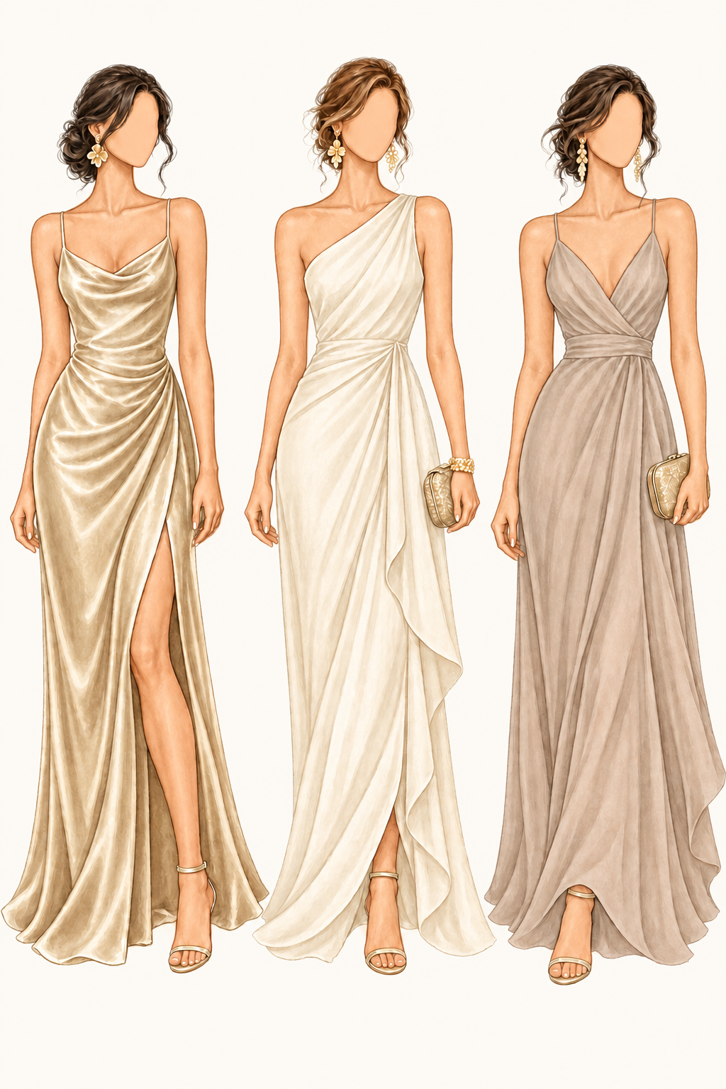 Three illustrated women’s wedding guest looks in champagne, ivory and taupe